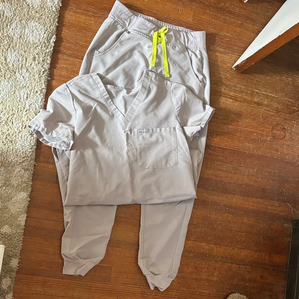 Figs Gray Joggers with Neon Yellow Drawstring - Picture 1 of 2